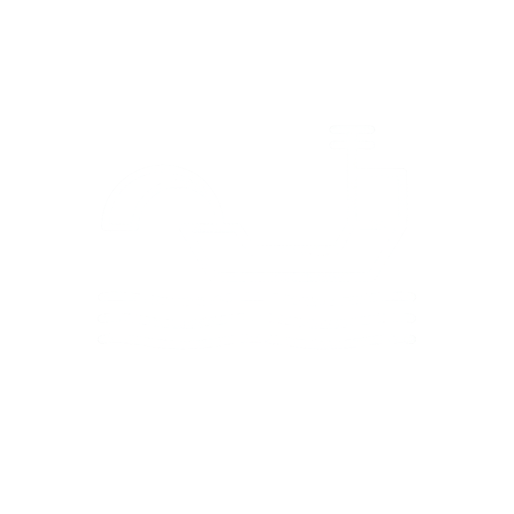 Ícono blanco de draga industrial sobre líneas de agua para representar servicios de dragado.