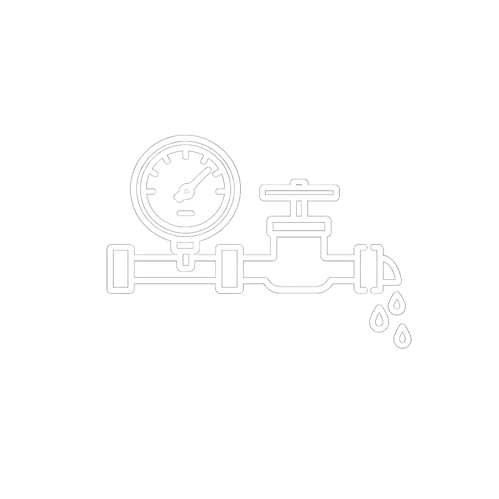 Ícono blanco de ducto con manómetro y gotas de agua representando pruebas hidrostáticas.