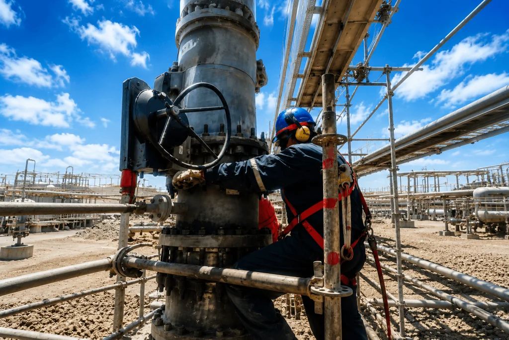 Técnico industrial realizando mantenimiento mecánico en una válvula y sistema de proceso durante una parada de planta.
