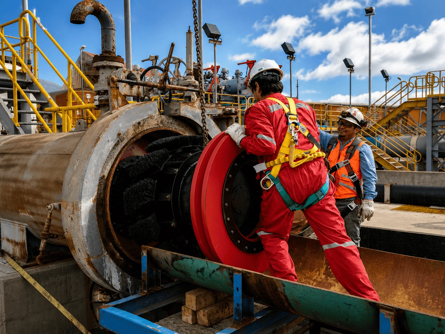 Profesional utilizando equipos de medición e inspección durante una evaluación técnica de ductos industriales en un espacio confinado.