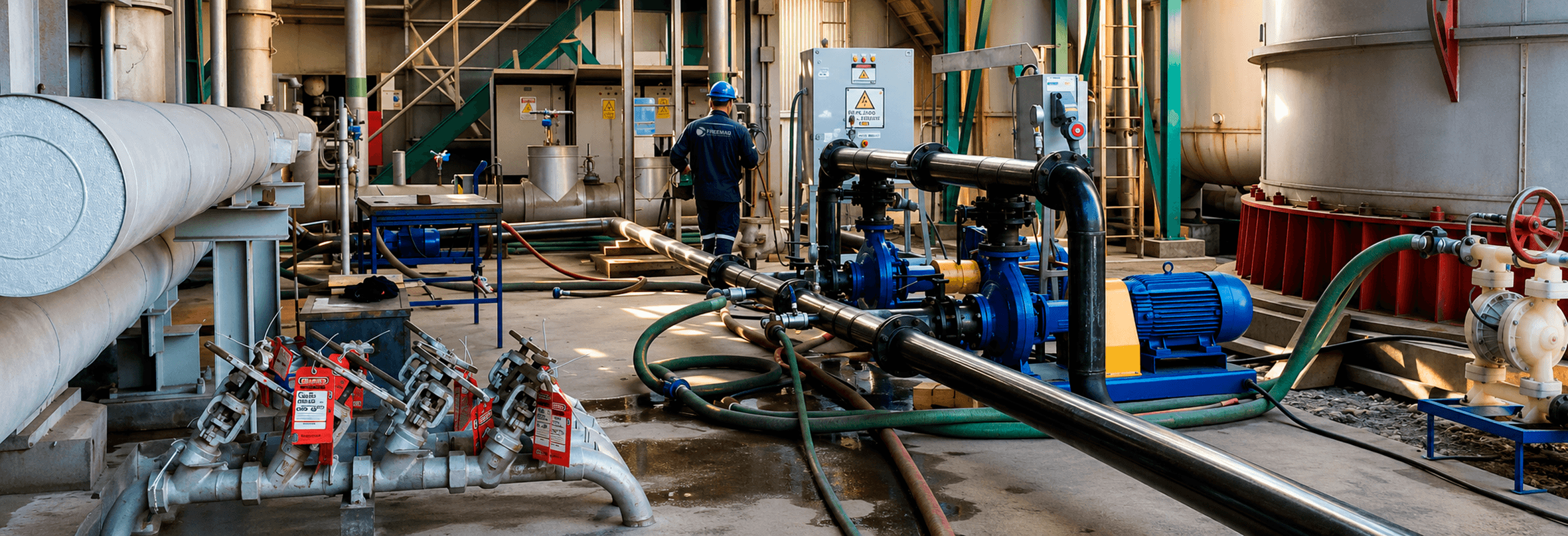 Sistema de tuberías y bombas industriales durante proceso de limpieza química en planta industrial.