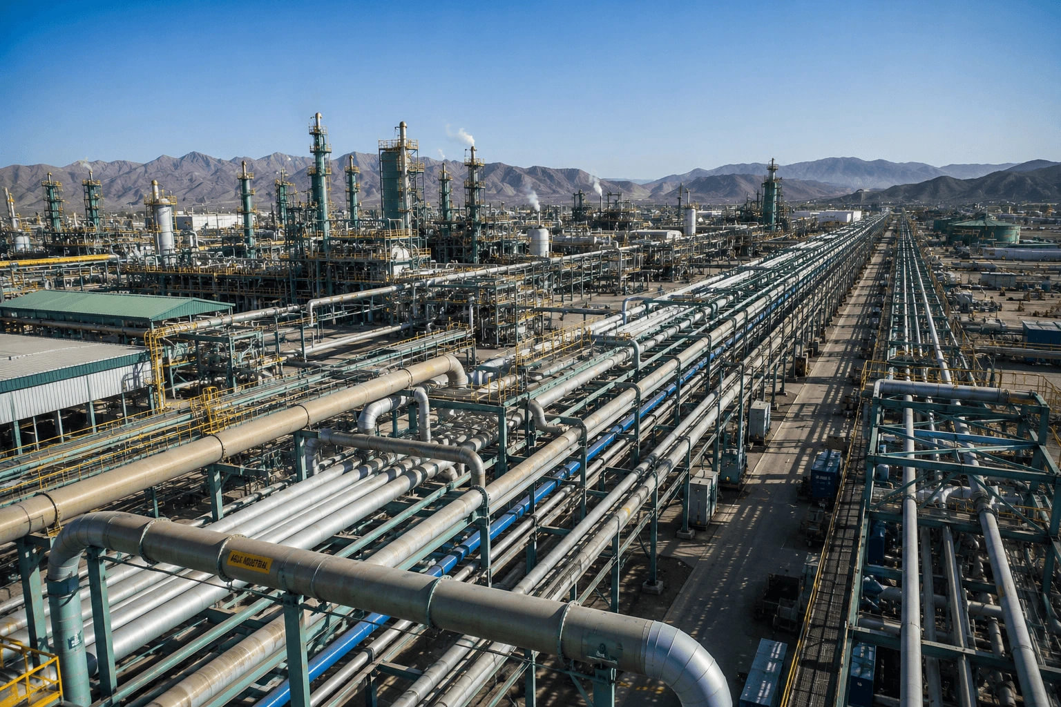 Circuito de tuberías industriales de gran extensión sometido a pruebas durante el precomisionamiento de una planta.