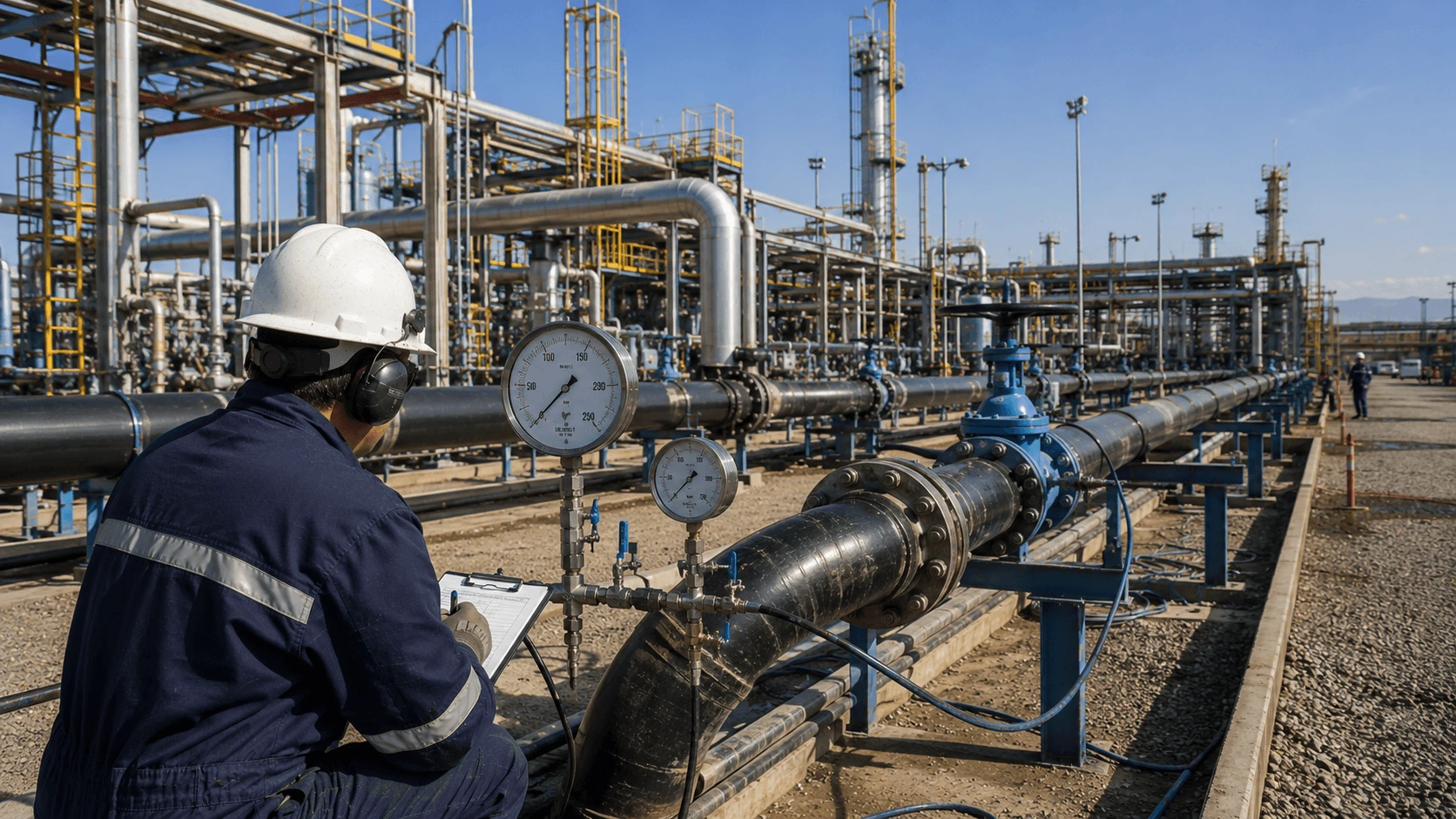 Técnico realizando pruebas hidrostáticas en tuberías industriales para verificar la integridad y resistencia del sistema.
