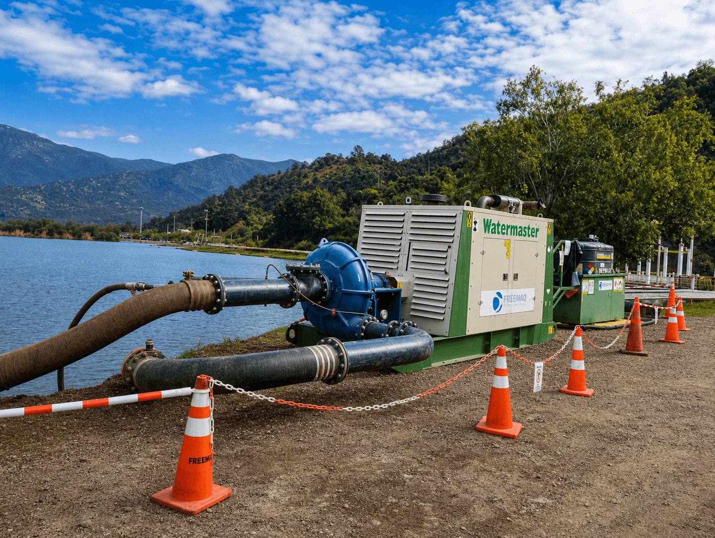 Sistema de bombeo industrial instalado junto a una laguna de proceso, utilizado para operaciones de dragado, transporte de fluidos y recuperación de materiales.