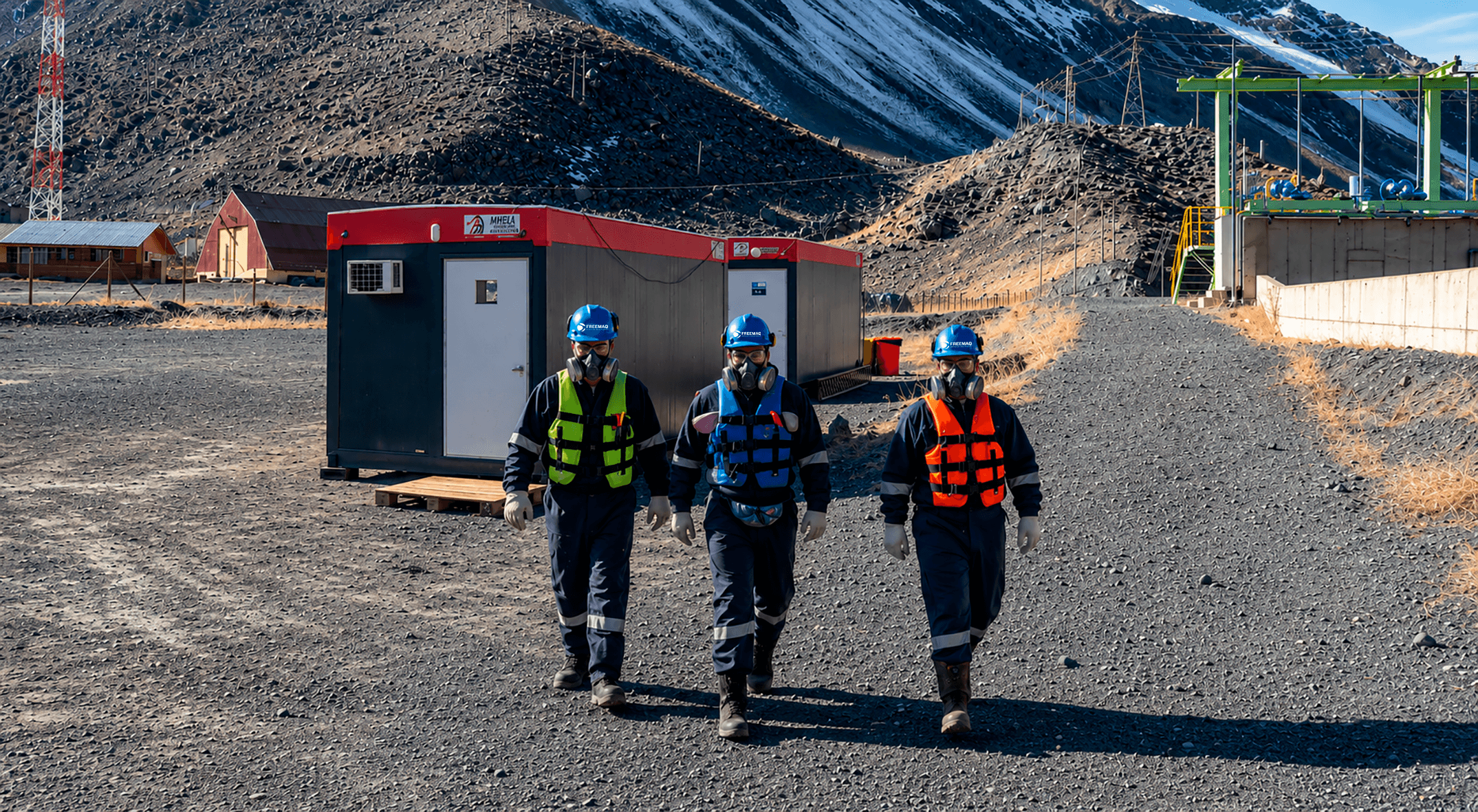 Profesionales de FreeMAQ utilizando equipos de protección personal y procedimientos de seguridad en una faena de dragado industrial.